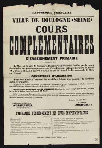 Cours complémentaires d'enseignement primaire : conditions d'admission [et] programme d'enseignement,