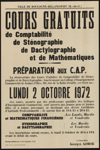 Cours gratuits de comptabilité, de sténographie, de dactylographie et de mathématiques, préparation aux CAP éè,