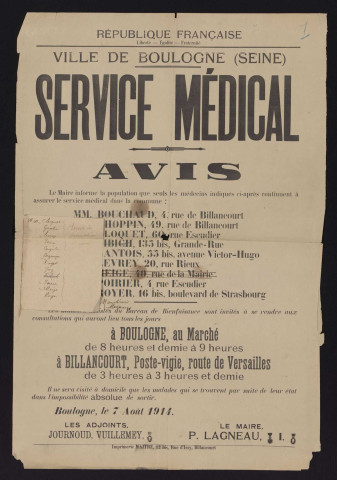 Service médical : avis [relatif aux médecins disponibles],