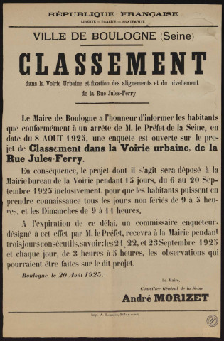 Classement dans la voirie urbaine et fixation des alignements et du nivellement de la rue Jules-Ferry,