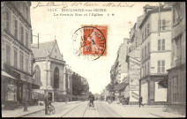 1479 - Boulogne-sur-Seine - La Grande Rue et l'Eglise, Boulogne-Billancourt . avenue Jean-Baptiste Clément . - perspective et vue sur l'EglisePerspective sur l'avenue Jean-Baptiste au niveau du carrefour avec le boulevard Jean Jaurès.à droite, à l'angle des deux rues : une charcuterie et une publicité sur le mur "Charcuterie Mson fondée en 1840, Jambon Olida Le meilleur de tous, Charcuterie Comestibles"à gauche, au 1er plan, un tabac et au second l'église Notre Dame de Boulogne