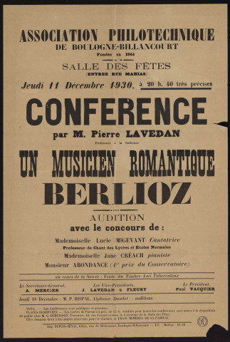 Association philotechnique : conférence Berlioz un musicien romantique,