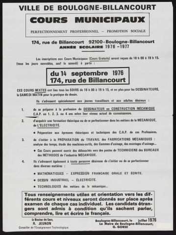 Cours municipaux : perfectionnement professionnel, promotion sociale [inscription à partir du 14 septembre 1976], Affiche en 2 morceaux.