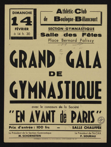 Grand gala de gymnastique avec le concours de la société En avant de Paris,