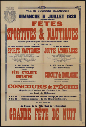 Fêtes sportives et nautiques dimanche 5 juillet 1936 , Affiche en deux parties.