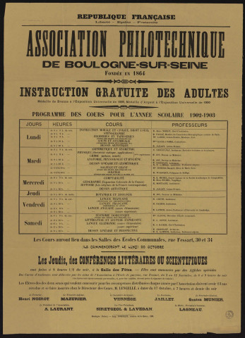 Association philotechnique : instruction gratuite des adultes, programme des cours pour l'année scolaire 1902-1903,