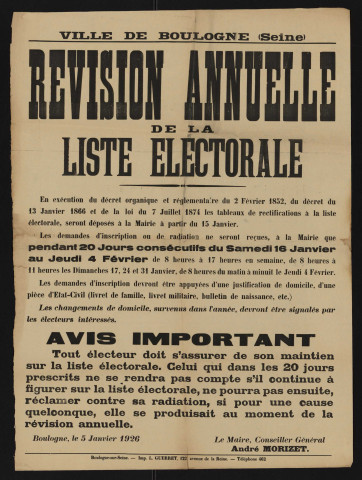 Révision annuelle de la liste électorale,