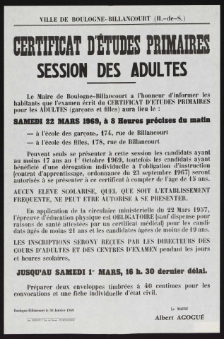 Certificat d'études primaires, session des adultes ,