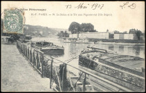 La Seine Pittoresque - 18 - La Seine et le Tir aux Pigeons sur l'Ile Seguin, Boulogne-Billancourt . Ile Seguin . - Tir aux PigeonsPerspective sur la Seine. 2 péniches sont amarrées au 1er plan, au 2nd plan, l'Ile Seguin et son tir aux pigeons devant laquelle se trouve une autre péniche