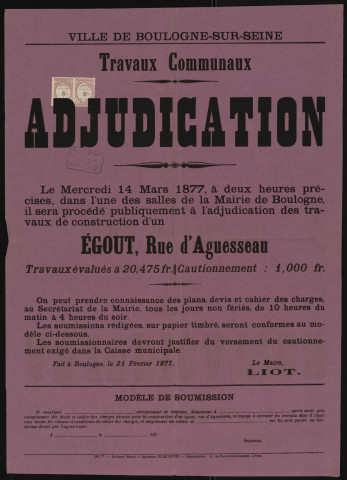 Adjudication [de la construction d'égouts rue d'Aguesseau ; de la viabilité de la rue de Seine et la construction d'un égout ; de la construction d'un égout rue de Sèvres],