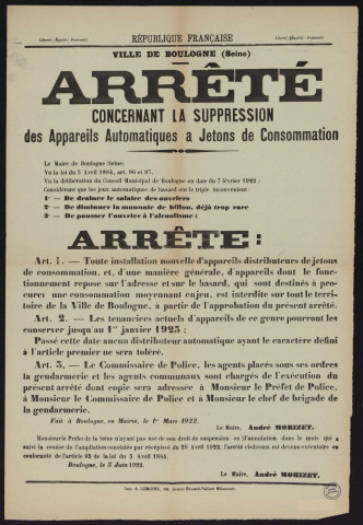 Arrêté concernant la suppression des appareils automatiques à jetons de consommation,