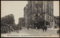 164 - Billancourt - Carrefour des Quatre-Cheminées et le Marché, Boulogne-Billancourt . rue Desfeux . - le MarchéAu premier plan, à gauche, le marché de Billancourt. Au centre, perspective sur la rue Desfeux. A droite, le café-restaurant Maison Colliot et la rue des Quatre Cheminées.