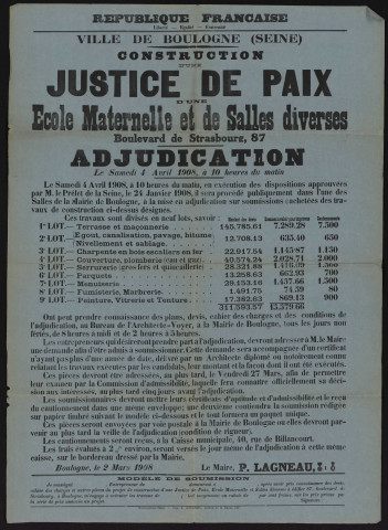 Construction d'une justice de paix, d'une école maternelle et de salles diverses boulevard de Strasbourg 87,
