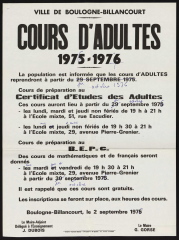 Cours d'adultes, 1975-1976 é, Affiche de 1975 annotée pour 1976.