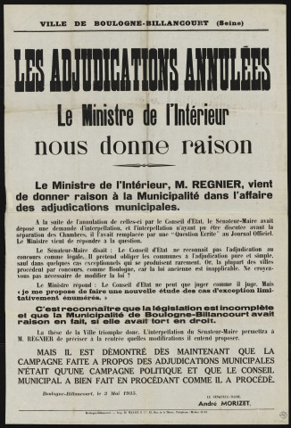 Nos adjudications annulées : le ministre de l'Intérieur nous donne raison : le sénateur-maire interpelle le gouvernement [au sujet de l'adjudication de la construction des écoles et de l'hôtel de ville],