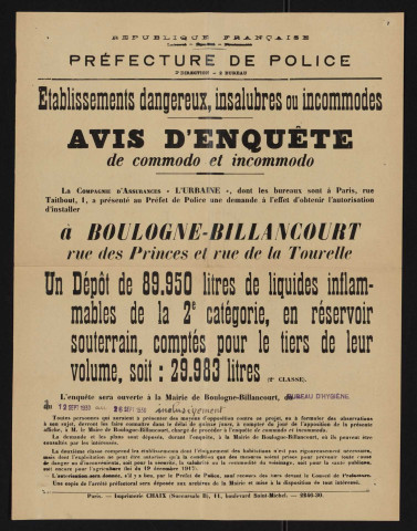 Avis d'enquête de commodo et incommodo : rue des Princes et rue de la Tourelle, Compagnie d'assurances L'Urbaine : installation d'un dépôt de 89950 litres de liquides inflammables de la 2e catégorie.