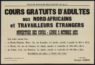 Cours gratuits d'adultes aux Nord-Africains et travailleurs étrangers : ouverture des cours lundi 2 octobre 1972,