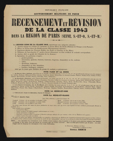 Recensement et révision de la classe 1943 dans la région de Paris (Seine, Seine-et-Oise, Seine-et-Marne),