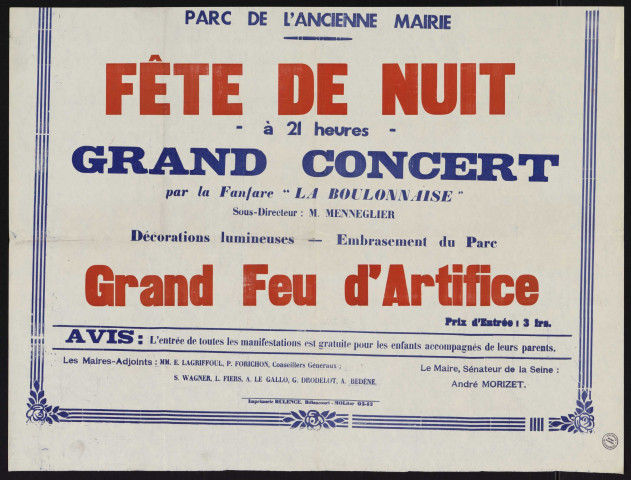 [Fête de l'enfance] : fête de nuit [avec] grand concert par la fanfare La Boulonnaise, grand feu d'artifice,