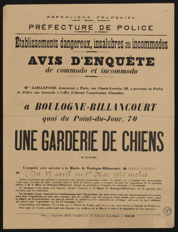 Avis d'enquête de commodo et incommodo : 70 quai du Point-du-Jour, Garderie de chiens