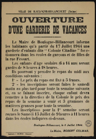 Ouverture d'une garderie de vacances,