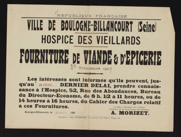 Hospice des vieillards : fourniture de viande et d'épicerie, 3eme trimestre 1929,