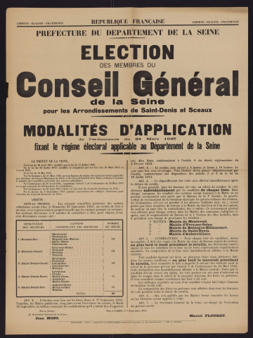 Élection des membres du conseil général de la Seine pour les arrondissements de Saint-Denis et Sceaux : modalités d'application de l'ordonnance du 24 mars 1945 fixant le régime électoral applicable au département de la Seine,