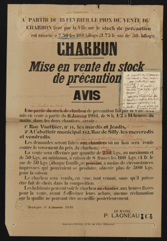 Charbon : mise en vente du stock de précaution, Affiche annotée.