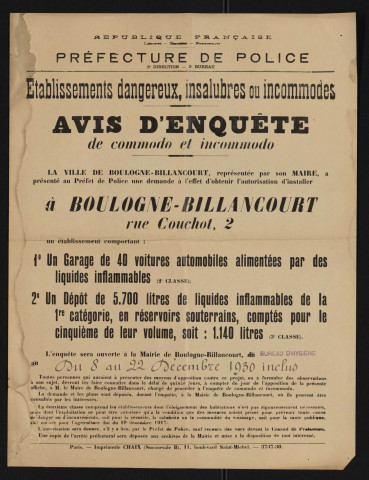 Avis d'enquête de commodo et incommodo : rue Couchot 2, Ville de Boulogne-Billancourt : installation d'un garage de 40 voitures automobiles alimentées par des liquides inflammables et d'un dépôt de 5700 litres de liquides inflammables de 1re catégorie.