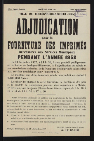 Adjudication pour la fourniture des imprimés nécessaires aux services municipaux pendant l'année 1958,