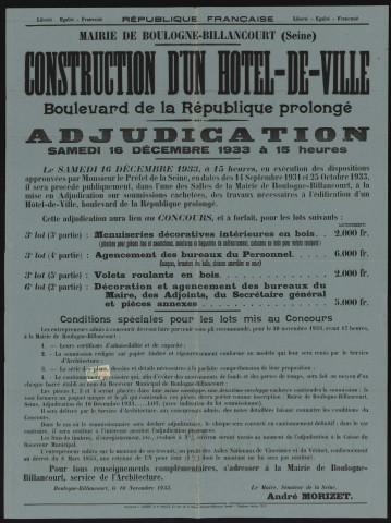 Construction d'un hôtel-de-ville boulevard de la République prolongé : adjudication samedi 16 décembre [des lots 3 et 6], Deux affiches : une bleue, une orange