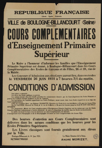 Cours complémentaires d'enseignement primaire supérieur é,