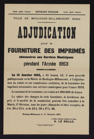 Adjudication pour la fourniture des imprimés nécessaires aux services municipaux pendant l'année 1953,