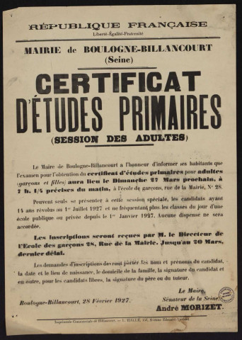 Certificat d'études primaires, session des adultes ,