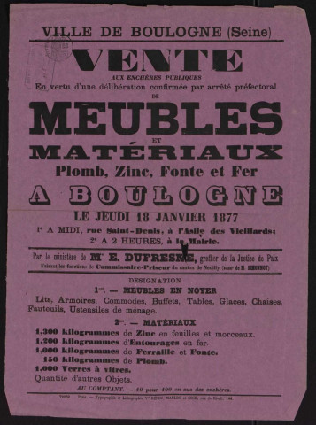 Vente aux enchères publiques [...] de meubles et matériaux, plomb, zing, fonte et fer,