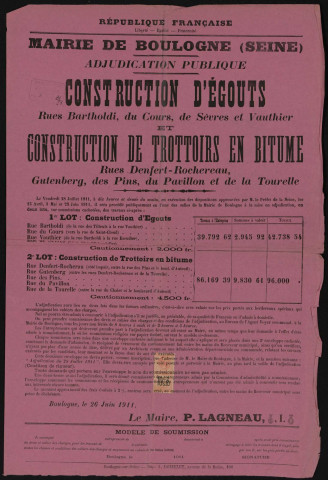 Adjudication publique [de la] construction d'égouts rues Bartholdi, du Cours, de Sèvres et Vauthier et construction de trottoirs en bitume rues Denfert-Rochereau, Gutenberg, des Pins, du Pavillon et de la Tourelle,