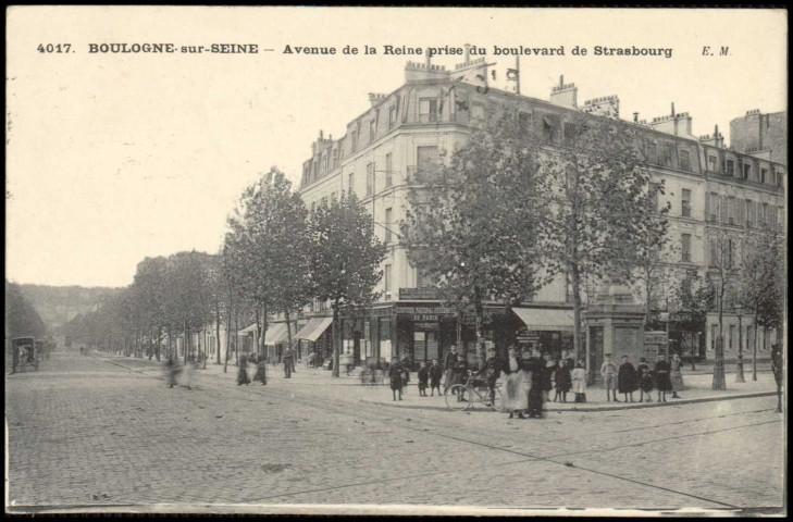 4017 - Boulogne-sur-Seine - Avenue de la Reine prise du boulevard de Strasbourg, Boulogne-Billancourt . route de la Reine . - perspectivePerspective sur la route de la Reine en direction de Saint Cloud depuis le carrefour du boulevard Jean Jaurès.Au centre, le Comptoir National d'Escompte de Paris