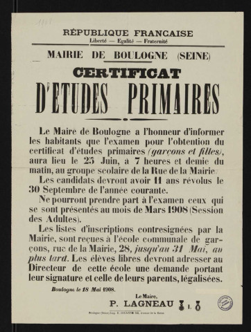 Certificat d'études primaires ,