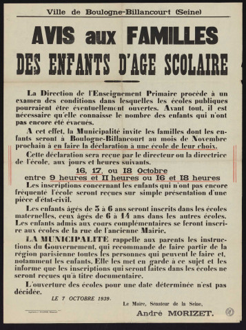 Avis aux familles des enfants d'âge scolaire,