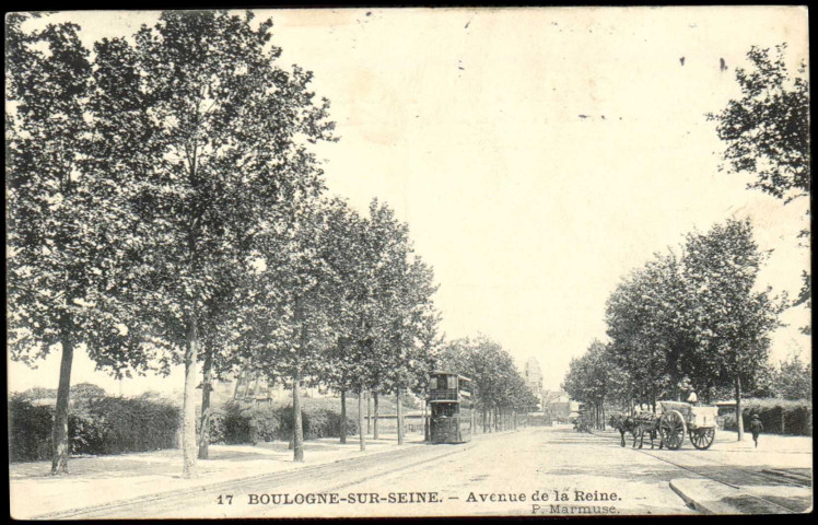 17 - Boulogne-sur-Seine - Avenue de la Reine, Boulogne-Billancourt. route de la Reine . - vue généralePerpective sur la route de la Reine. A gauche, un tramway et à droite une hippomobile