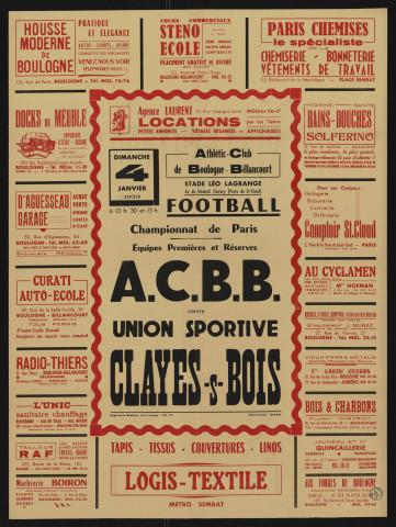 Football, championnat de Paris, équipes première et réserve : ACBB contre Union sportive Clayes-sous-Bois, Nombreuses publicités d'entreprises.