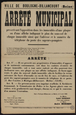 Arrêté municipal prescrivant l'apposition dans les immeubles d'une plaque ou d'une affiche indiquant le plan du sous-sol de chaque immeuble ainsi que l'adresse et le numéro du téléphone du poste des sapeurs-pompiers,