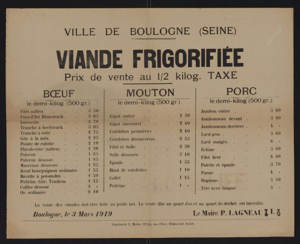 Viande frigorifiée : prix de vente au 1/2 kilogramme, taxe,