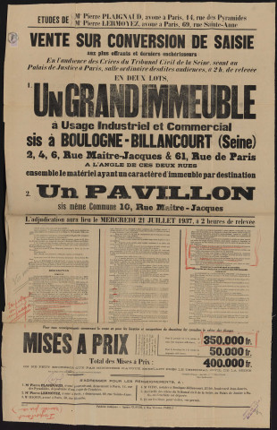 Vente sur conversion de saisir [d'] un grand immeuble à usage industriel et commercial [...] 2, 4, 6 rue Maître-Jacques et 61 rue de Paris [et d'] un pavillon [...] 10 rue Maître-Jacques,