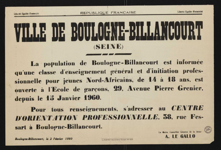 [Ouverture d'une classe d'enseignement général et d'initiation professionnelle pour jeunes Nord-Africains],