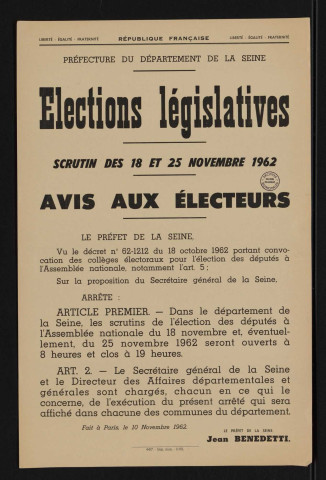 Elections législatives, scrutin des 19 et 25 novembre 1962 : avis aux électeurs,