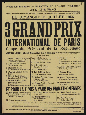 3e grand prix international de Paris, coupe du Président de la République : marathon nautique Alfortville - Maisons Alfort - Issy-les-Moulineaux ; et pour la 1ère fois à Paris des marathoniennes,