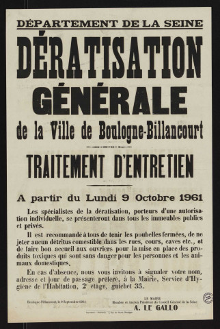 Dératisation générale de la ville de Boulogne-Billancourt : traitement d'entretien,