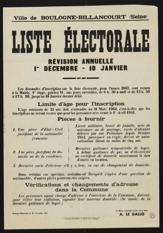 Liste électorale : révision annuelle (1er décembre-10 janvier),