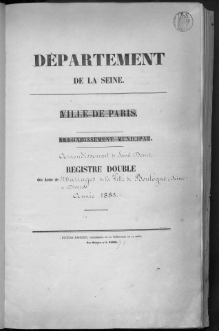 Mariage, enregistrement : Registre de 1885